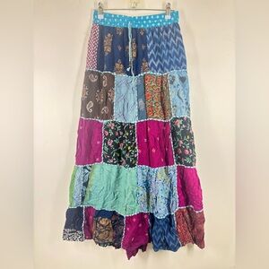 Vintage Whimsigoth Patchwork Fairy Maxi Skirt Blue Purple Red Floral Paisley M
